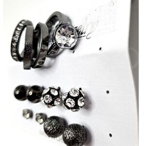 Rings Earrings Set Size 8 Gunmetal Rhinestone Studs Fashion‎ Jewelry Gift New
